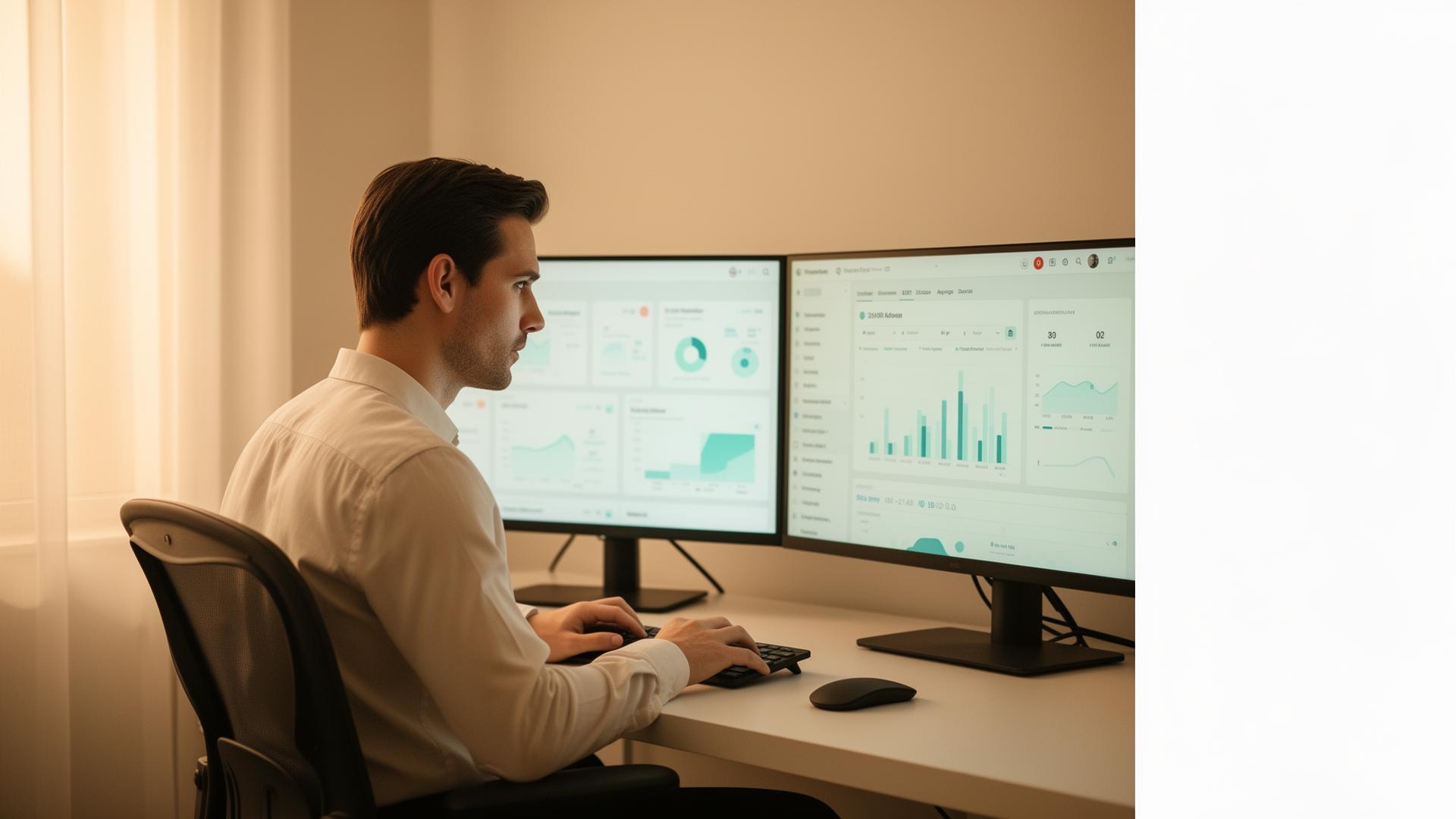 Loan officer at a modern workspace using UPM's CRM and analytics dashboards