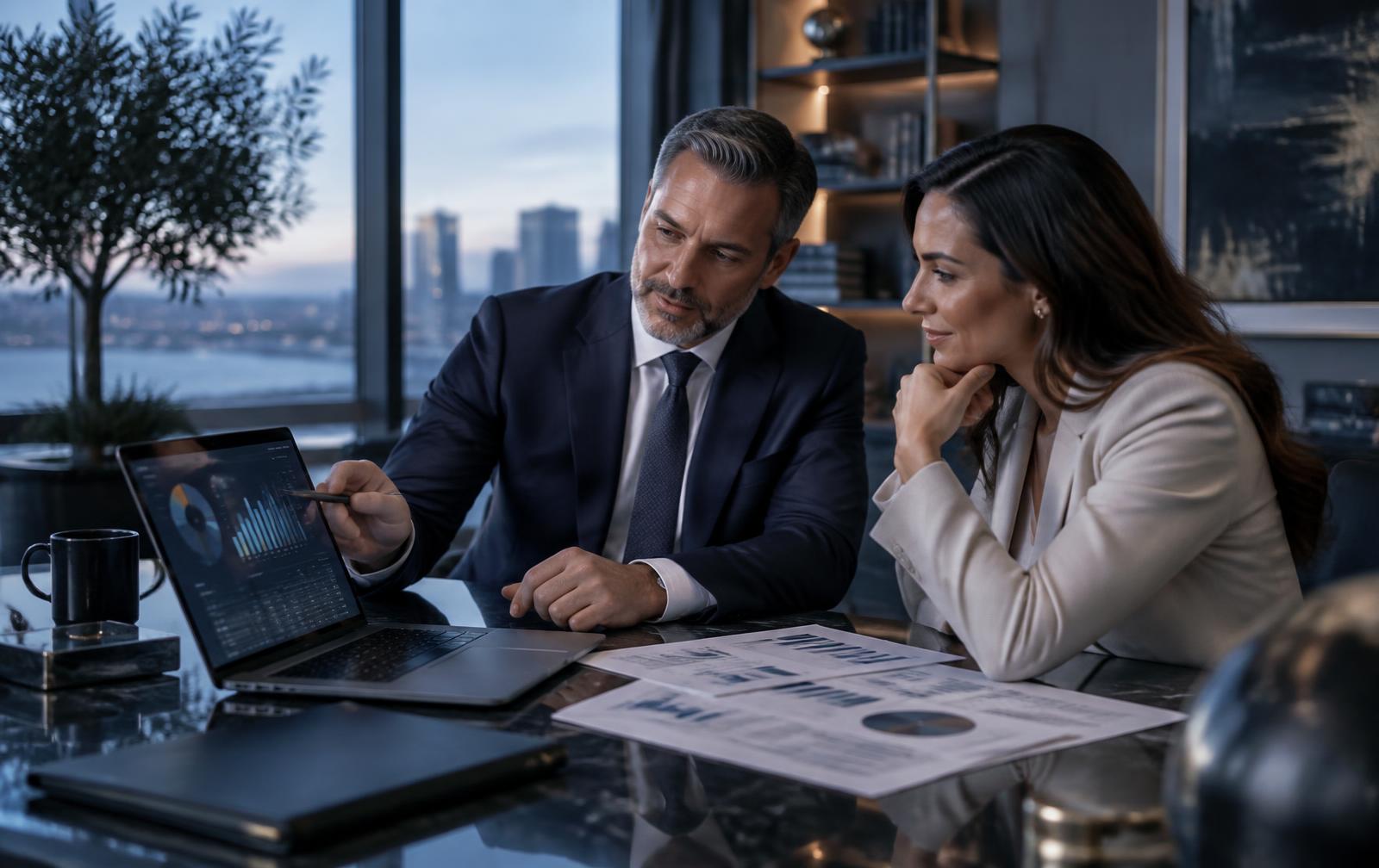 Investor reviewing an asset portfolio statement at a desk