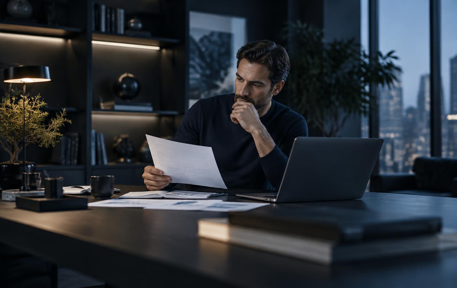 Self-employed professional reviewing paperwork at a sunlit desk